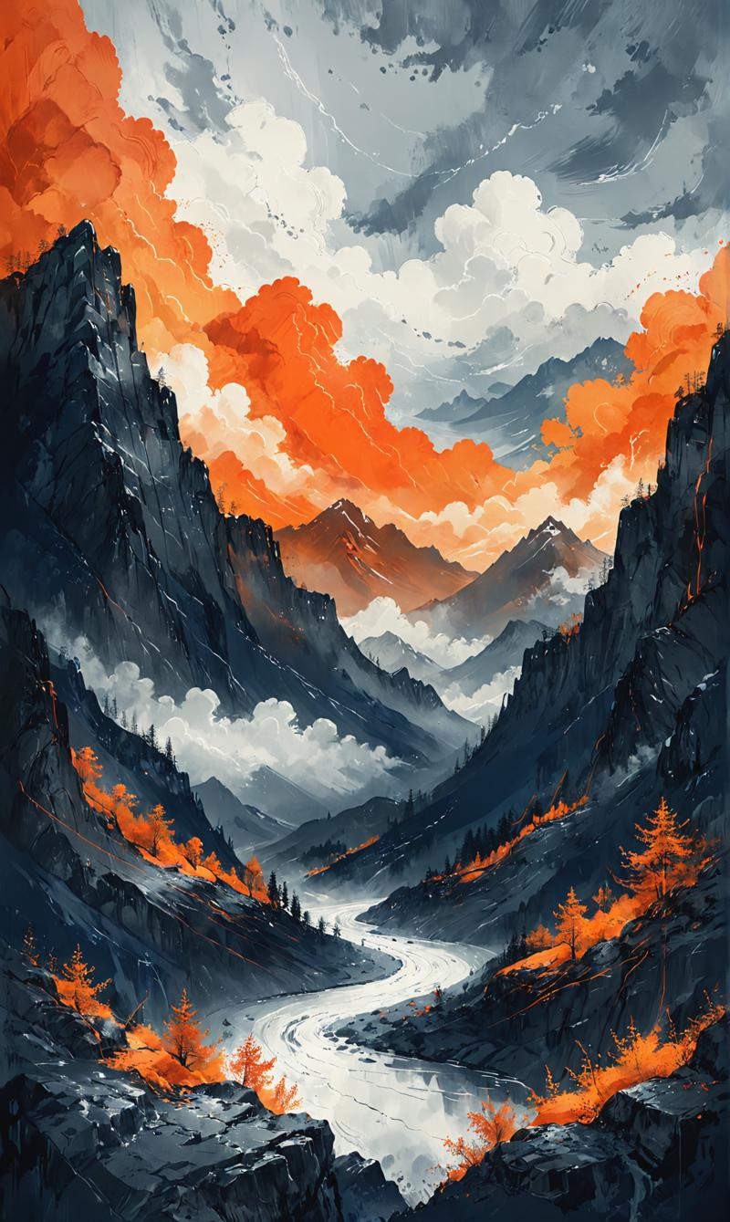 03834-462229295-Mountains, in the style of dark silver and orange, clouds, cartoonish innocence, slumped_draped, made of emotions, light white a.png